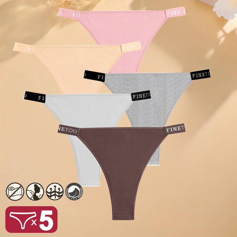 Kit com 5 Calcinhas Femininas Finetoo – Algodão, Cintura Baixa, Estilo Sexy com Estampa Letter | Conforto e Lingerie Casual