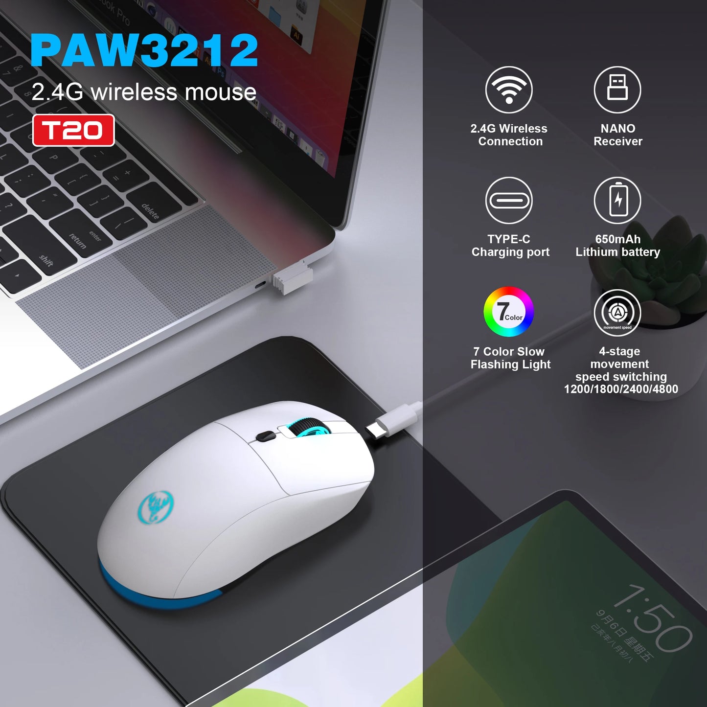 Mouse Sem Fio USB 2.4G Recarregável – 3600 DPI Ajustável com Iluminação RGB 7 Cores | Ideal para Escritório, Laptop e Jogos