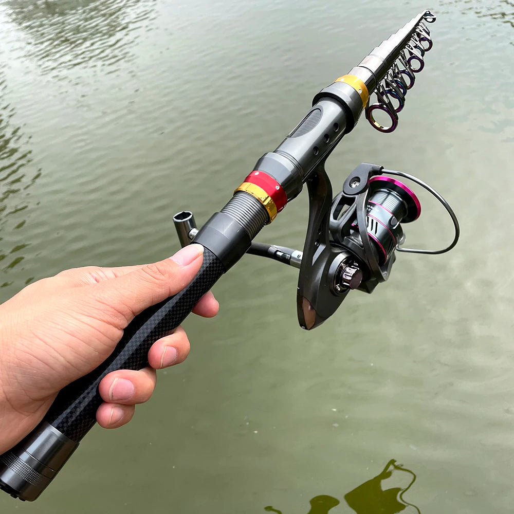 Kit Vara de Pesca Telescópica 1.8–3.6m – Fibra de Carbono Super Resistente + Molinete | Combo Spinning para Pesca Esportiva