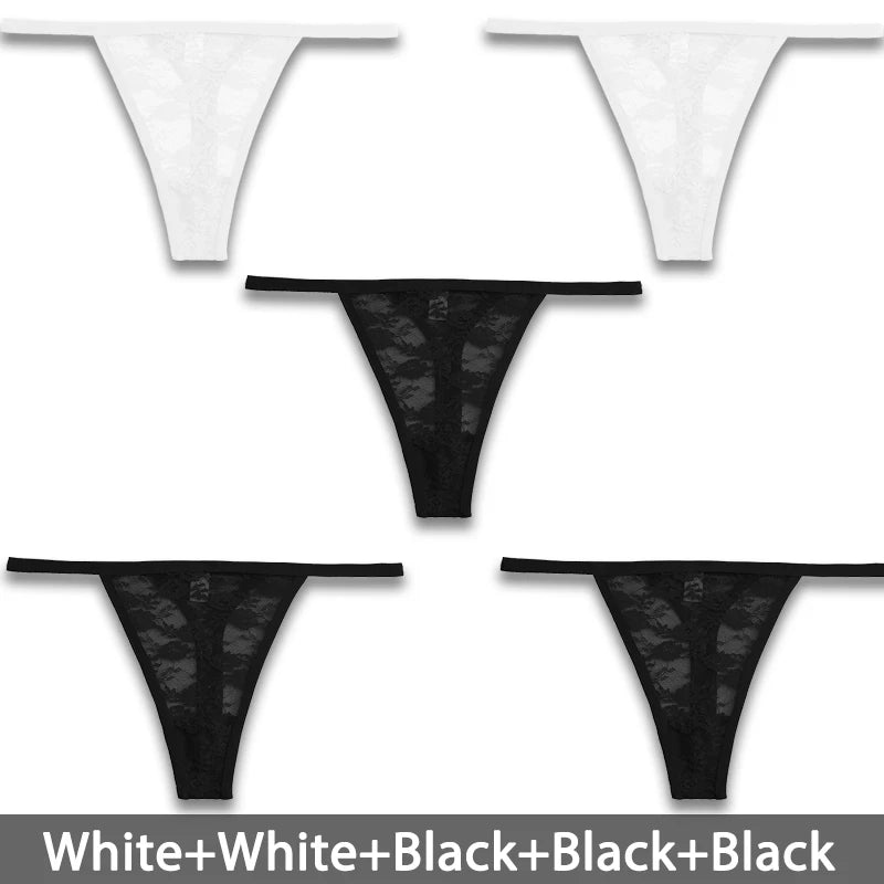 Kit com 5 Calcinhas Femininas – Renda Floral, Modelos Sexy Fio Dental e Transparente | Lingerie Sensual e Confortável