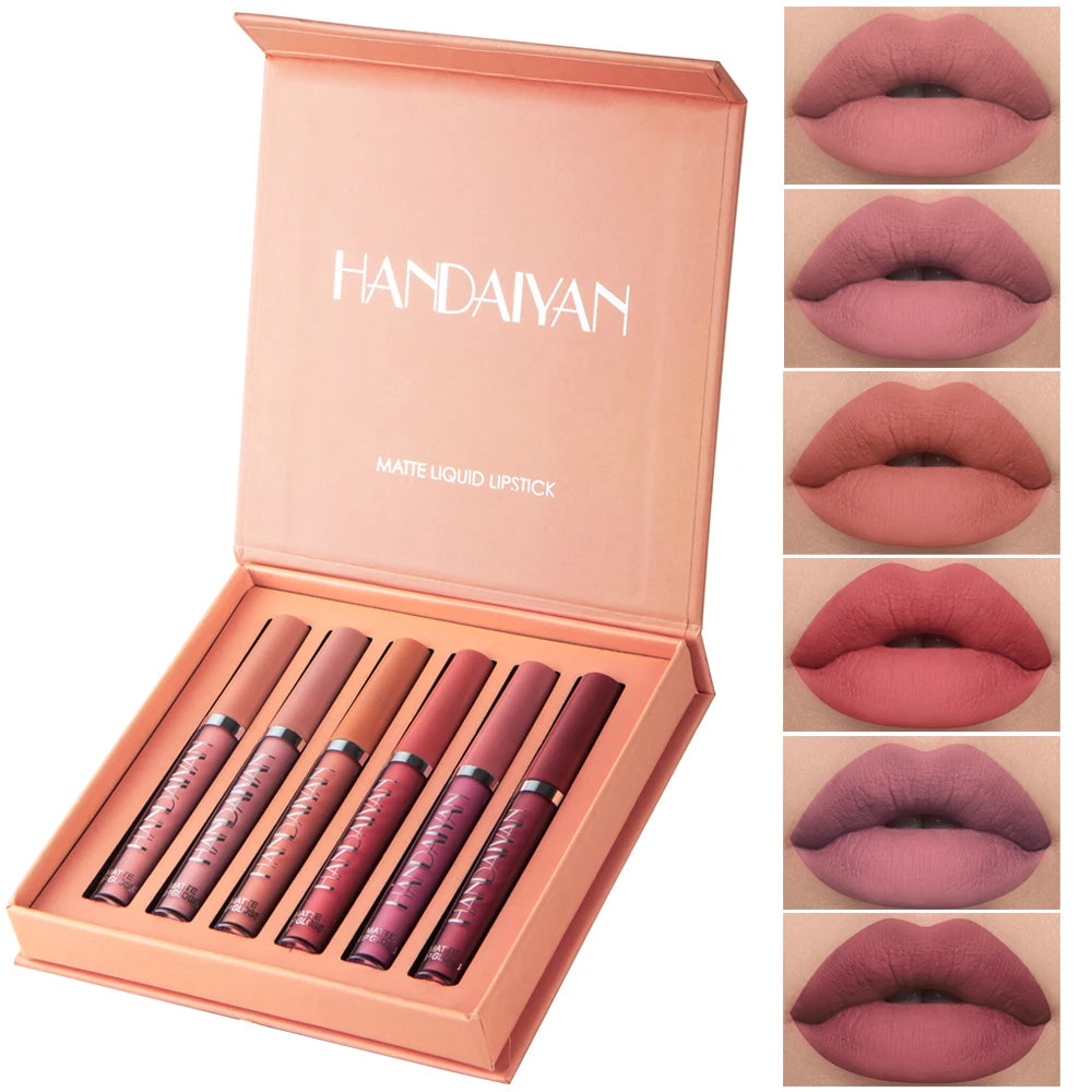 Kit com 6 Batons Líquidos HANDAIYAN – Acabamento Matte, Longa Duração e Resistente ao Desbotamento