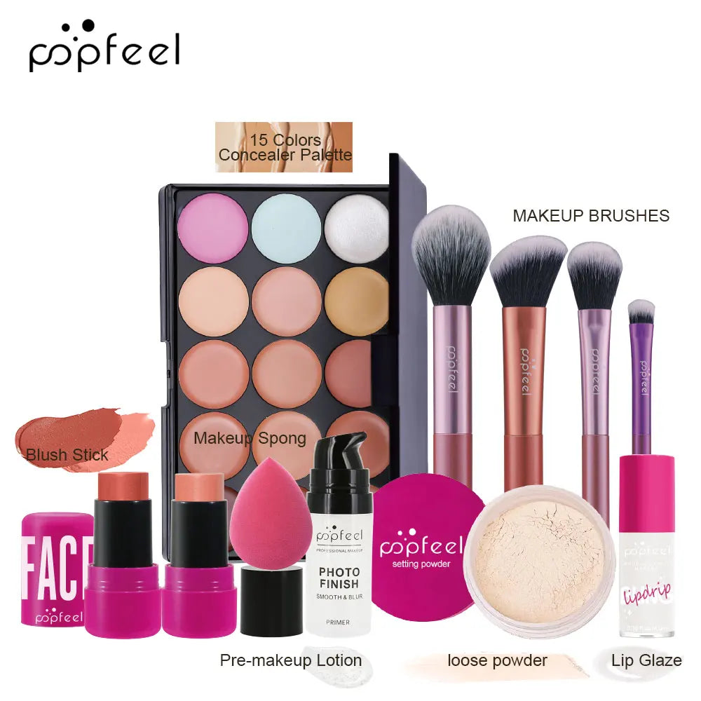Kit de Maquiagem Completo POPFEEL – Sombras, Pó, Gloss e Óleo Labial | Presente de Dia dos Namorados para Mulheres e Meninas