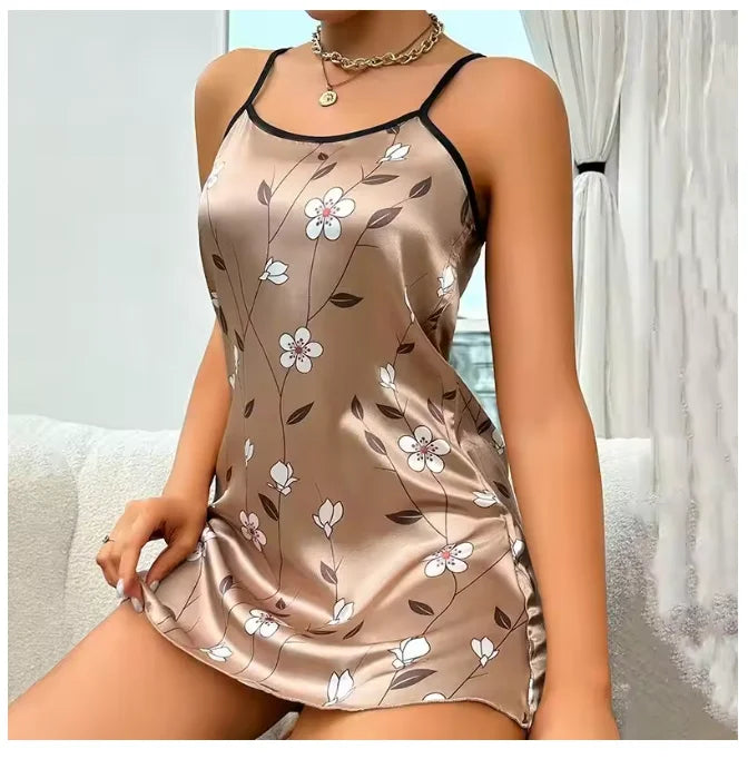 Camisola Feminina de Verão em Cetim – Estampa Floral, Sem Mangas e Costas Abertas | Moda Íntima Sexy e Confortável