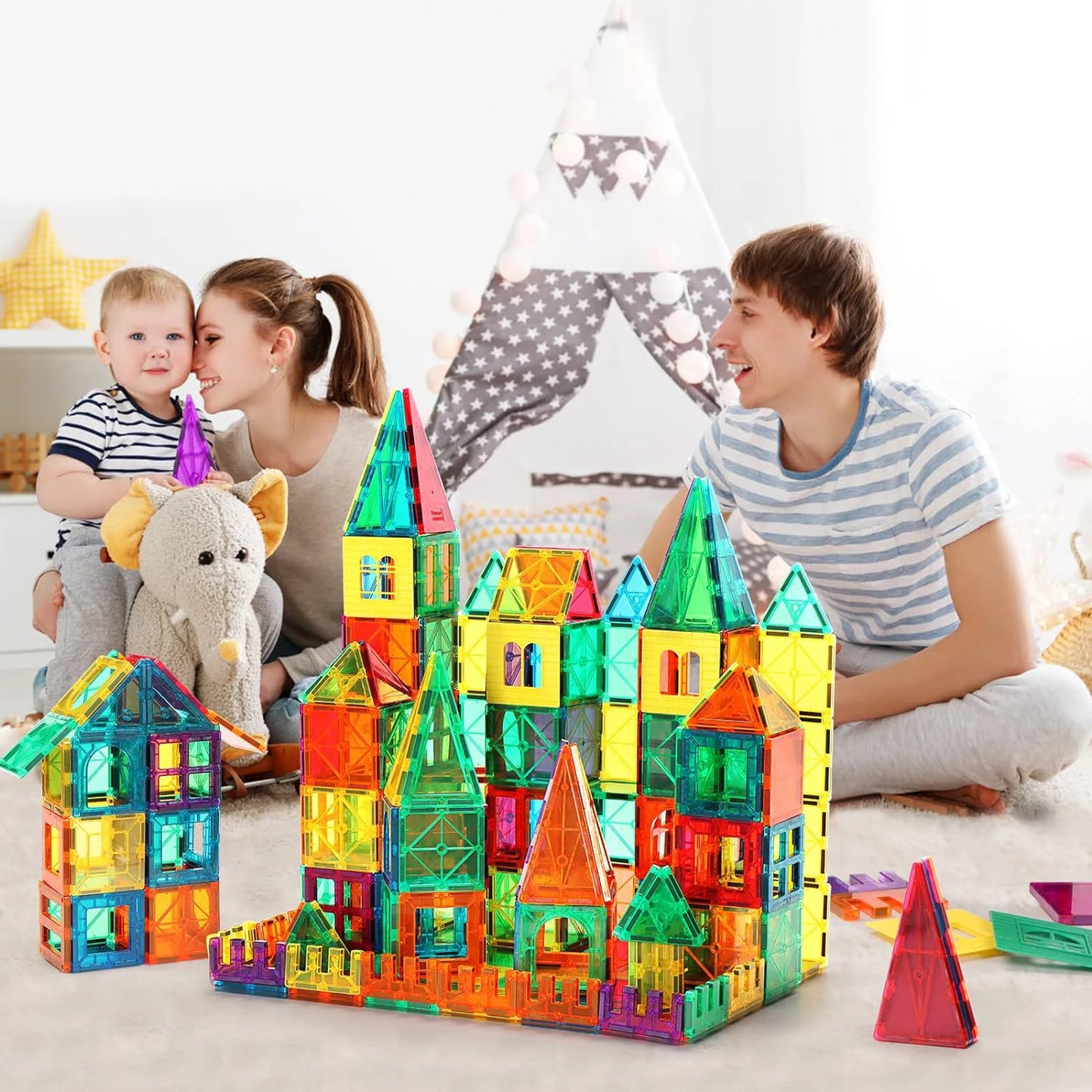 Blocos Magnéticos 3D Coloridos – 130 Peças Transparentes | Brinquedo Educativo de Montar para Crianças