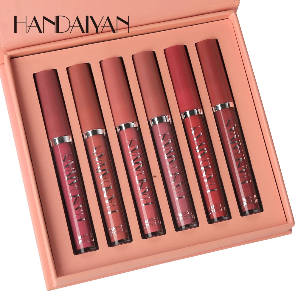 Kit com 6 Batons Líquidos HANDAIYAN – Acabamento Matte, Longa Duração e Resistente ao Desbotamento