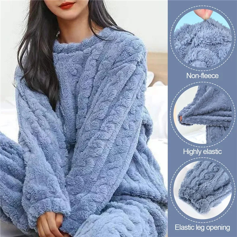 Pijama Feminino Inverno em Veludo Coral – Conjunto Fluffy de 2 Peças | Quentinho e Confortável para Casa