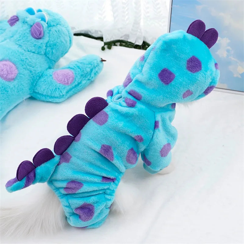 Casaco Fantasia de Dinossauro Azul para Pets – Roupa Quentinha com Capuz | Outono/Inverno para Cães e Gatos Pequenos e Médios