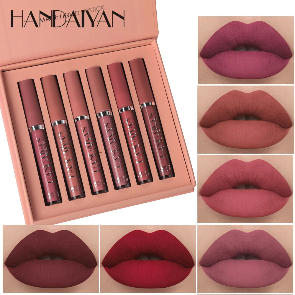Kit com 6 Batons Líquidos HANDAIYAN – Acabamento Matte, Longa Duração e Resistente ao Desbotamento