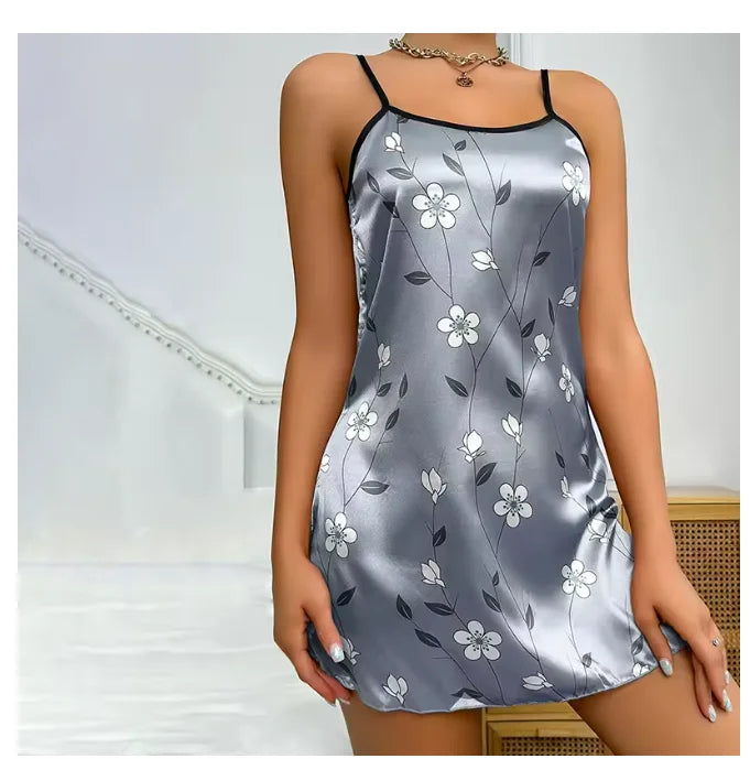 Camisola Feminina de Verão em Cetim – Estampa Floral, Sem Mangas e Costas Abertas | Moda Íntima Sexy e Confortável