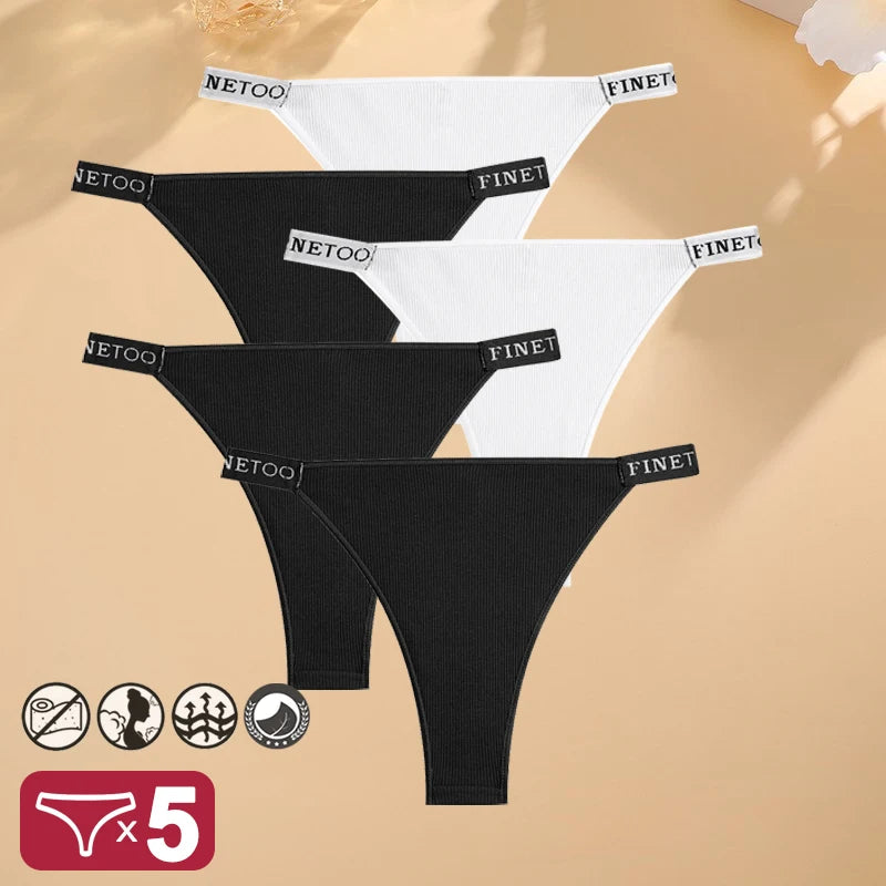 Kit com 5 Calcinhas Femininas Finetoo – Algodão, Cintura Baixa, Estilo Sexy com Estampa Letter | Conforto e Lingerie Casual
