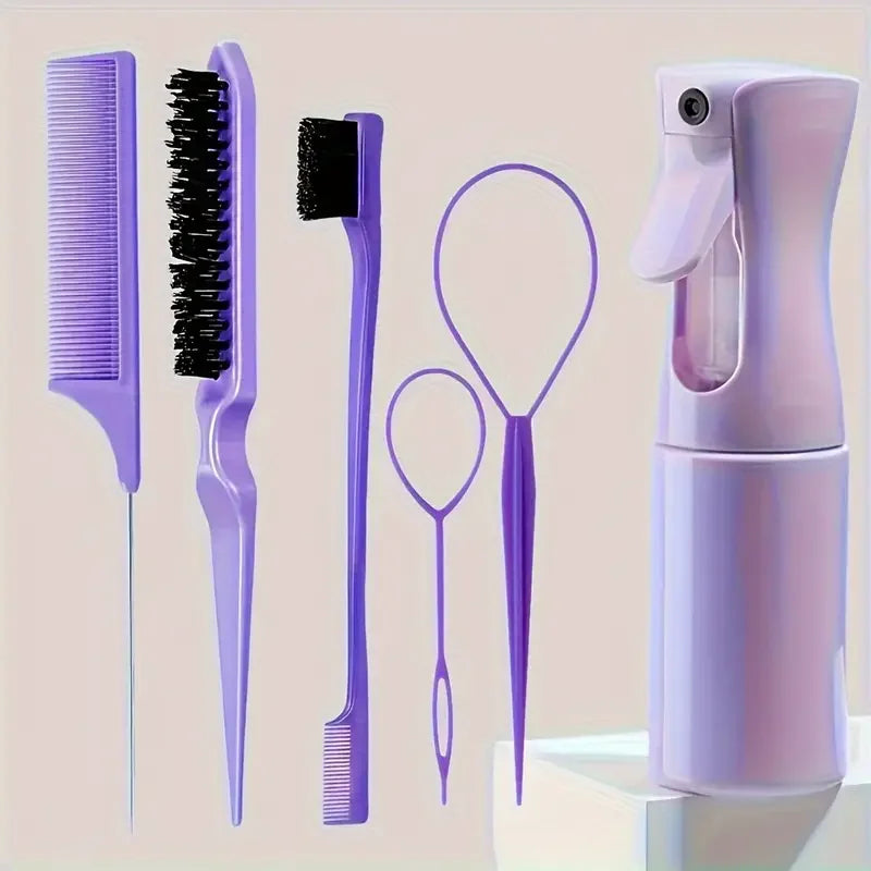 Kit 6 Peças para Cabelos – Escovas, Pente Rabo de Rato, Spray e Ferramentas de Trança