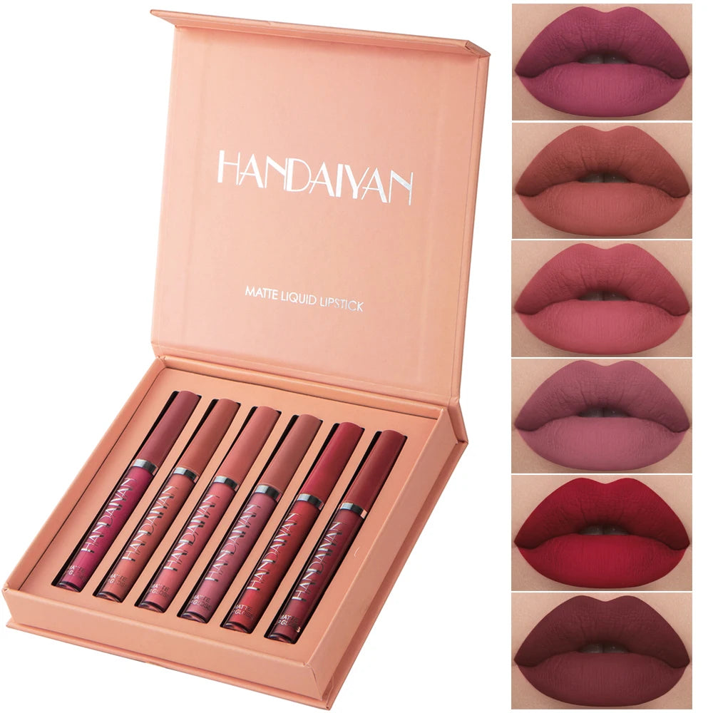 Kit com 6 Batons Líquidos HANDAIYAN – Acabamento Matte, Longa Duração e Resistente ao Desbotamento