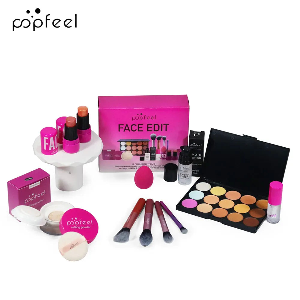 Kit de Maquiagem Completo POPFEEL – Sombras, Pó, Gloss e Óleo Labial | Presente de Dia dos Namorados para Mulheres e Meninas