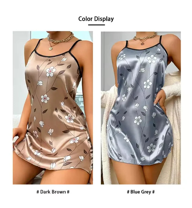 Camisola Feminina de Verão em Cetim – Estampa Floral, Sem Mangas e Costas Abertas | Moda Íntima Sexy e Confortável
