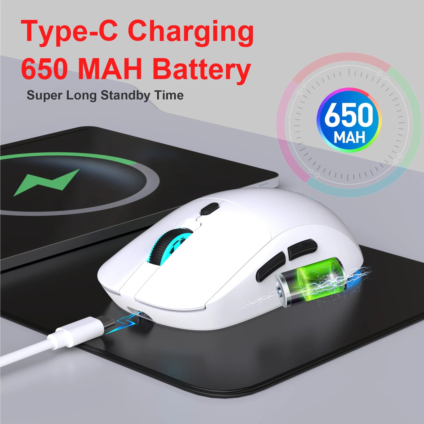 Mouse Sem Fio USB 2.4G Recarregável – 3600 DPI Ajustável com Iluminação RGB 7 Cores | Ideal para Escritório, Laptop e Jogos
