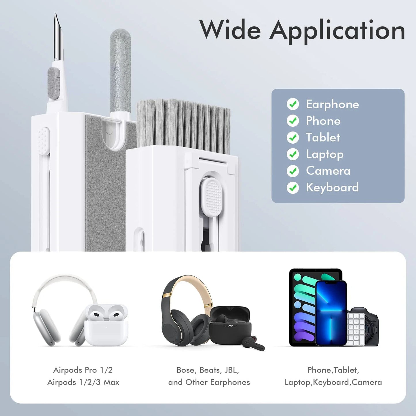 Kit de Limpeza 8 em 1 para Eletrônicos – Escova para Teclado, Caneta para Fones, Ferramentas para Celular, iPad e Extrator de Teclas