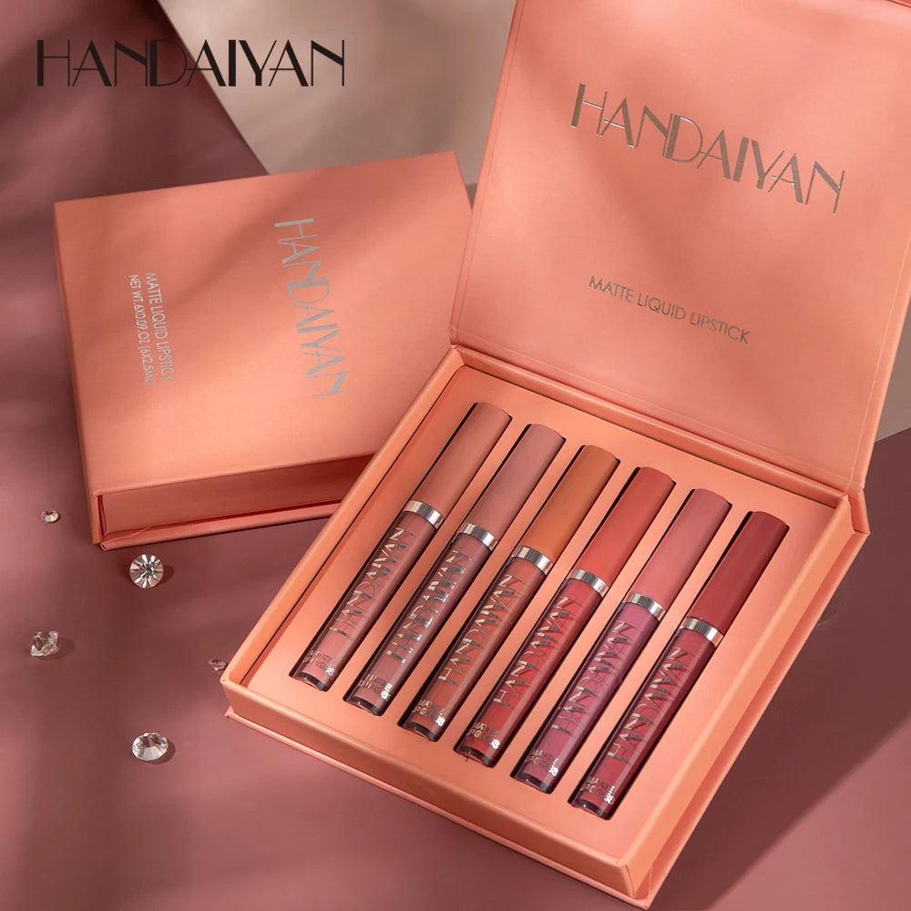 Kit com 6 Batons Líquidos HANDAIYAN – Acabamento Matte, Longa Duração e Resistente ao Desbotamento