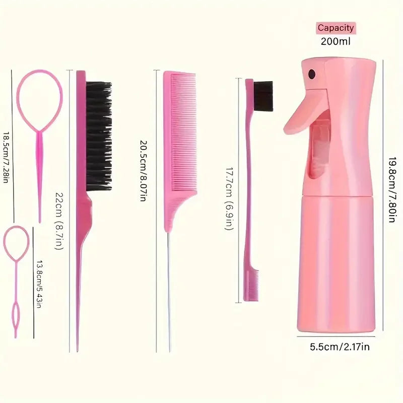 Kit 6 Peças para Cabelos – Escovas, Pente Rabo de Rato, Spray e Ferramentas de Trança