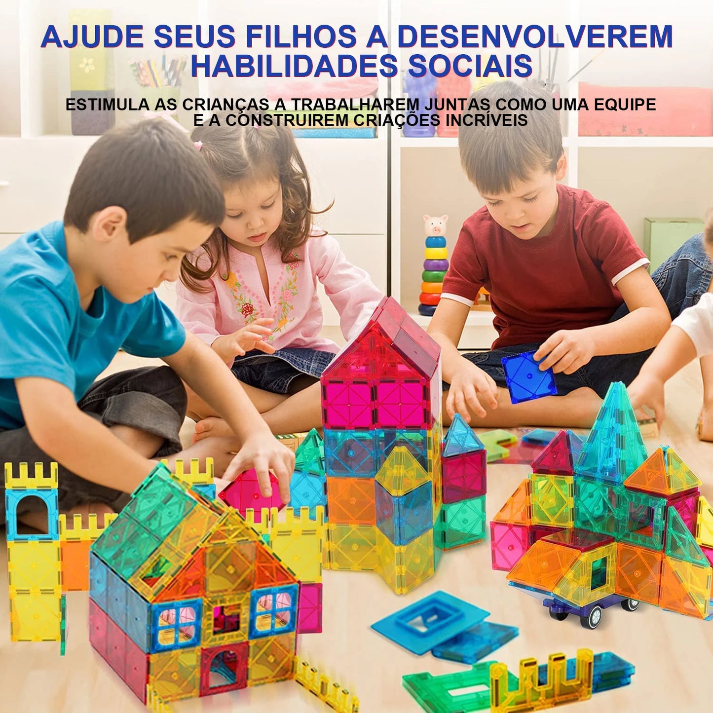 Blocos Magnéticos 3D Coloridos – 130 Peças Transparentes | Brinquedo Educativo de Montar para Crianças