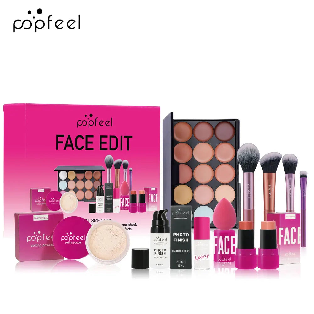 Kit de Maquiagem Completo POPFEEL – Sombras, Pó, Gloss e Óleo Labial | Presente de Dia dos Namorados para Mulheres e Meninas