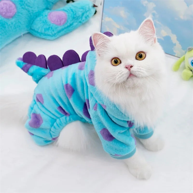 Casaco Fantasia de Dinossauro Azul para Pets – Roupa Quentinha com Capuz | Outono/Inverno para Cães e Gatos Pequenos e Médios