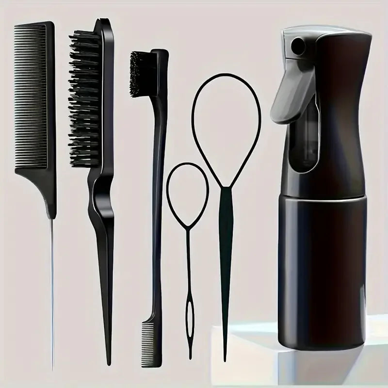 Kit 6 Peças para Cabelos – Escovas, Pente Rabo de Rato, Spray e Ferramentas de Trança