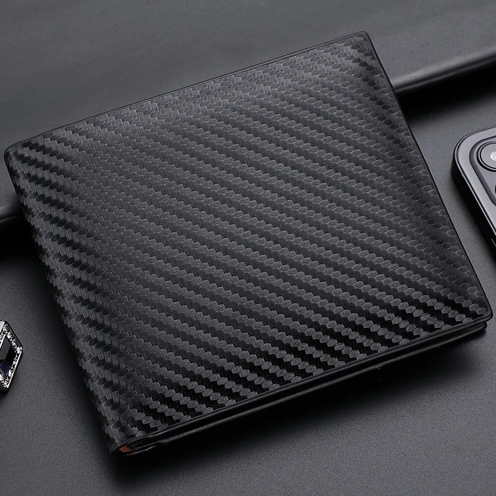 Carteira Masculina Curta em Fibra de Carbono – Porta-Cartões com Zíper Integrado | Design Slim e Resistente