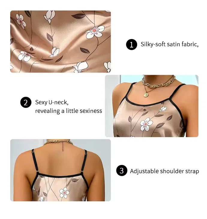 Camisola Feminina de Verão em Cetim – Estampa Floral, Sem Mangas e Costas Abertas | Moda Íntima Sexy e Confortável