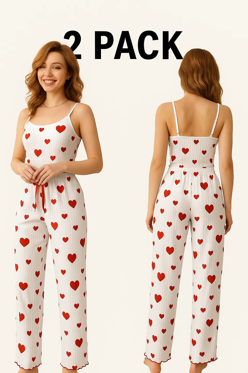 Pijama Feminino Plus Size 2 Peças – Regata Curta + Calça | Branco, Estampa de Corações, Tecido Respirável e Macio