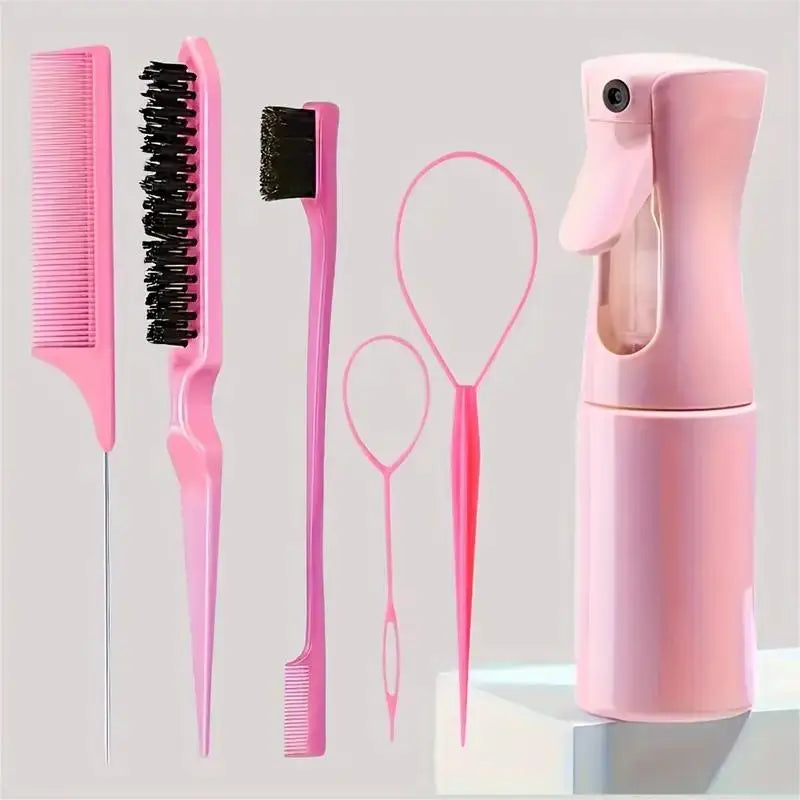 Kit 6 Peças para Cabelos – Escovas, Pente Rabo de Rato, Spray e Ferramentas de Trança