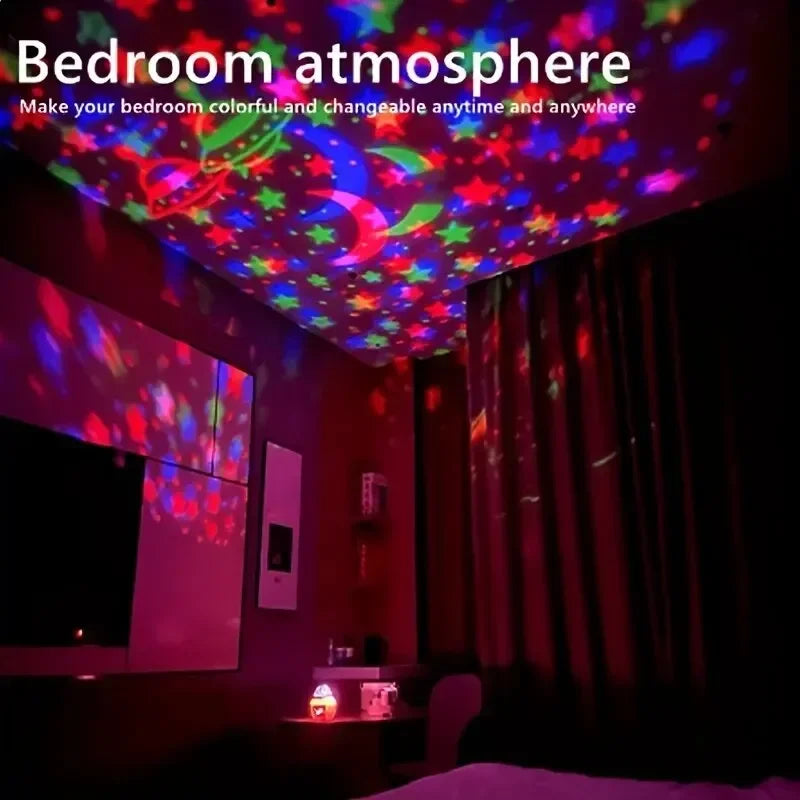 Luminária Projetora LED Céu Estrelado – USB Giratória com Lua e Estrelas | Decoração Atmosférica para Quarto e Natal