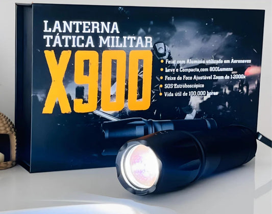 Lanterna Tática X900 – Recarregável, Zoom de Longo Alcance e Função Strobo