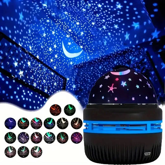 Luminária Projetora LED Céu Estrelado – USB Giratória com Lua e Estrelas | Decoração Atmosférica para Quarto e Natal