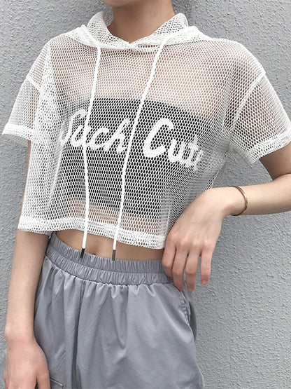 Womens Hollow Mesh Net Hooded T-Shirt Short Sleeve Tee Tops Transparent Black Swxy Clubwear Party