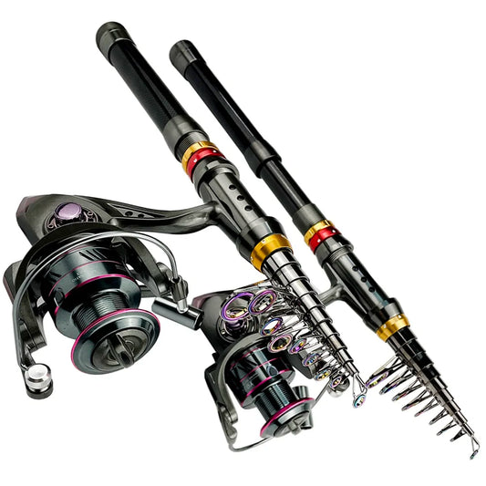 Kit Vara de Pesca Telescópica 1.8–3.6m – Fibra de Carbono Super Resistente + Molinete | Combo Spinning para Pesca Esportiva