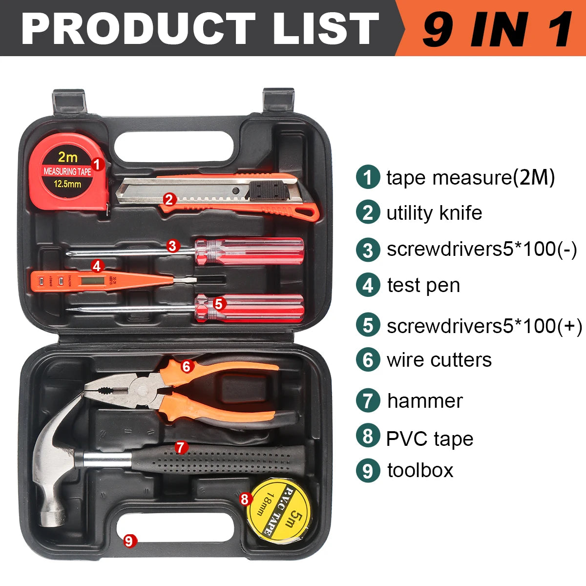 Kit de Ferramentas 8/9/12/13 Peças – Uso Doméstico e Automotivo | Maleta Plástica Organizada para Reparos em Casa e no Carro