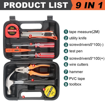 Kit de Ferramentas 8/9/12/13 Peças – Uso Doméstico e Automotivo | Maleta Plástica Organizada para Reparos em Casa e no Carro