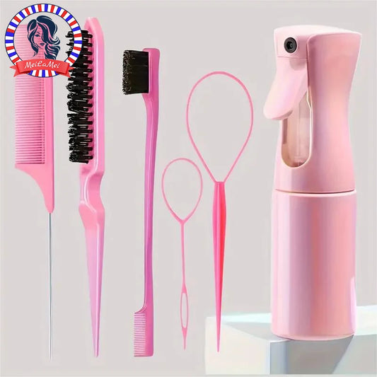 Kit 6 Peças para Cabelos – Escovas, Pente Rabo de Rato, Spray e Ferramentas de Trança