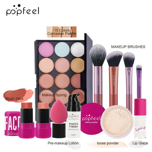 Kit de Maquiagem Completo POPFEEL – Sombras, Pó, Gloss e Óleo Labial | Presente de Dia dos Namorados para Mulheres e Meninas