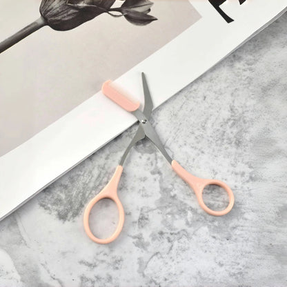 Pink eyebrow trimming scissors with built-in comb - stainless steel, precise grooming tool, creating perfect eyebrows