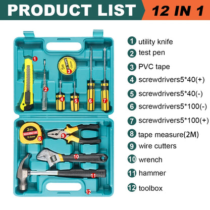 Kit de Ferramentas 8/9/12/13 Peças – Uso Doméstico e Automotivo | Maleta Plástica Organizada para Reparos em Casa e no Carro