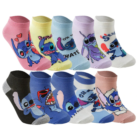 Kit com 10 Meias Curtas Lilo & Stitch – Unissex, Estilo Street e Anime