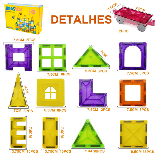 Blocos Magnéticos 3D Coloridos – 130 Peças Transparentes | Brinquedo Educativo de Montar para Crianças