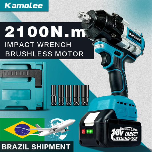 Chave de impacto elétrica sem fio Kamolee 2100 N.m de alto torque de 1/2 polegada sem escovas 18V-21V ferramenta de chave de bateria