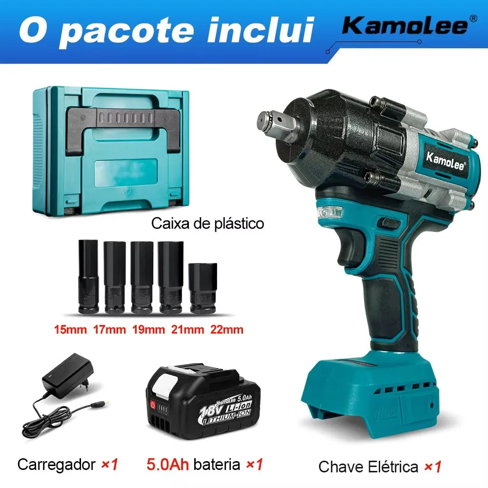 Chave de impacto elétrica sem fio Kamolee 2100 N.m de alto torque de 1/2 polegada sem escovas 18V-21V ferramenta de chave de bateria