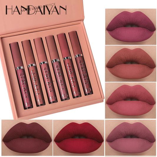 Kit com 6 Batons Líquidos HANDAIYAN – Acabamento Matte, Longa Duração e Resistente ao Desbotamento