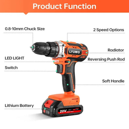 20V Cordless Drill 40N.m 25 Plus 1 LYUWO Electric Screwdriver Keyless Chuck Two Gear Speed Wireless Power Driver Battery Tools