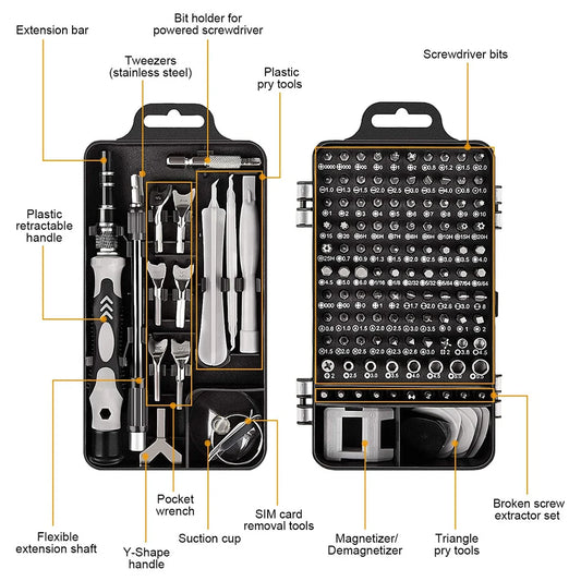 Kit de Chaves de Precisão 25/115/135/140 em 1 – Bits Magnéticos Torx e Phillips | Ferramentas para Celular, PC e Reparos Eletrônicos