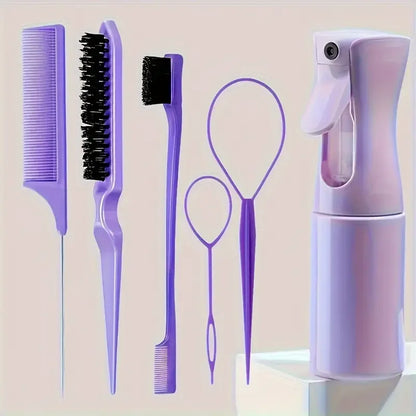 Kit 6 Peças para Cabelos – Escovas, Pente Rabo de Rato, Spray e Ferramentas de Trança