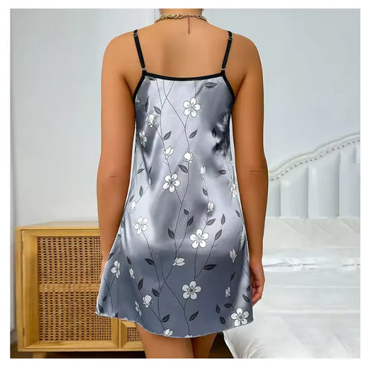 Camisola Feminina de Verão em Cetim – Estampa Floral, Sem Mangas e Costas Abertas | Moda Íntima Sexy e Confortável